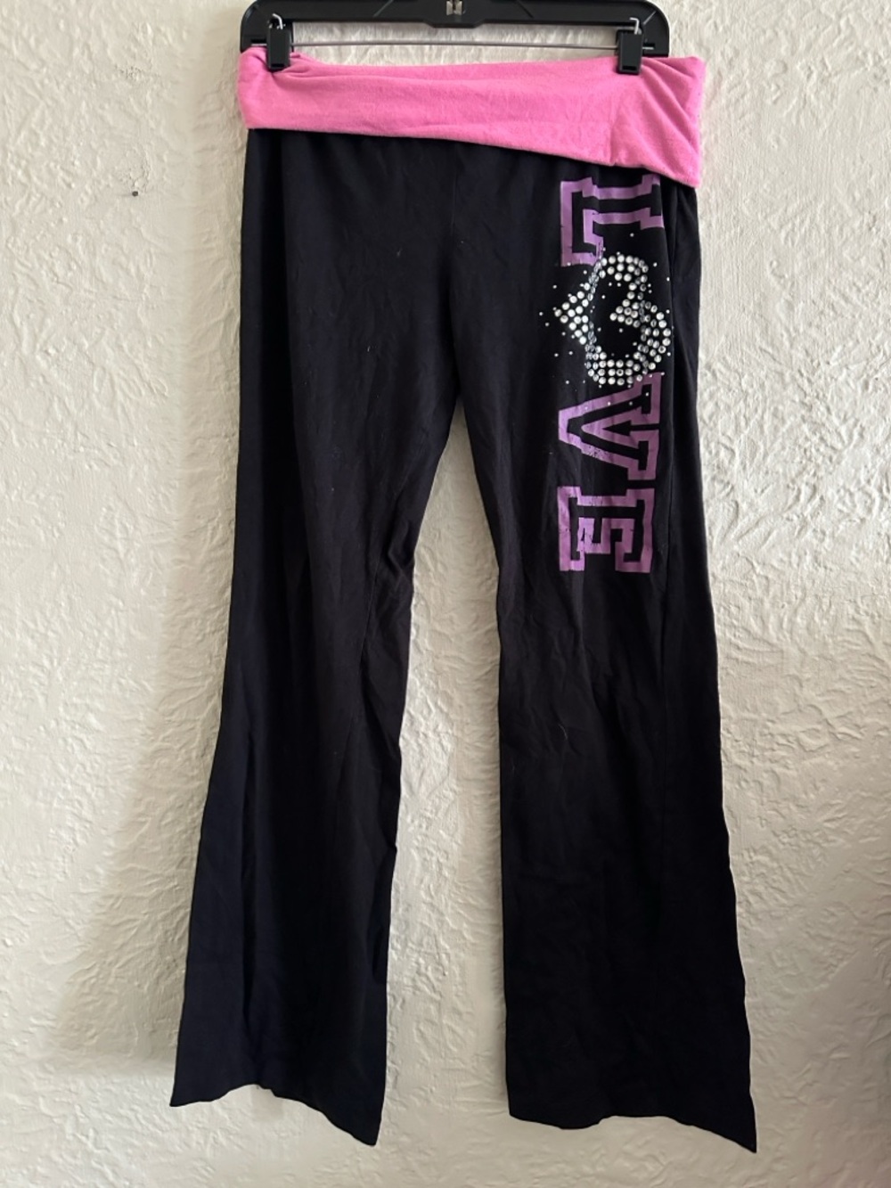 Self Esteem Black Pink Fold Over Waist Flare Leggings Purple Love Bling y2k 2000